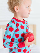 Apple Print Toddler Pajama Set Cotton Modal Blue - Side View Comfortable Fit