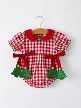 Baby Girls Christmas Outfit – Vibrant Red Plaid Romper with Festive Tree Bow Accents by Rylee Faith Designs - Front View