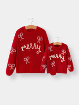 Girls' Red "Merry" Christmas Pullover Sweater - Festive Winter Holiday Knit for Kids by Rylee Faith Designs - Detail View