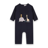 Organic cotton safari embroidered baby jumpsuit in navy blue - front view with animal designs by Viverano Organics