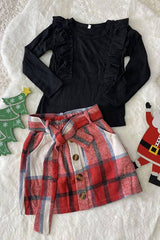 Black Knit Cotton Top & Flannel Plaid Skirt Toddler Set by luluclothes - Detail View