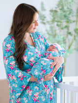 Pink Blossom Bamboo Gown & Bow Beanie Set | Newborn by RuffleButts + RuggedButts - Side View - Newborn Baby Clothing