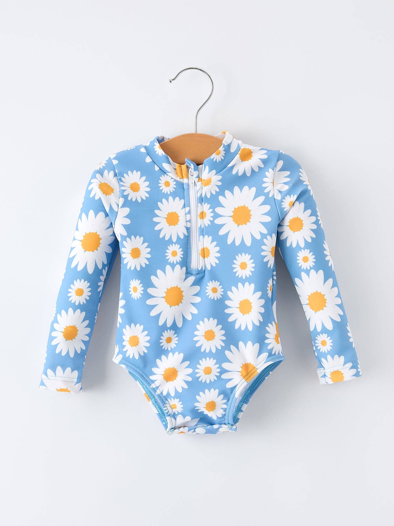 Daisy Print Long Sleeve Girls One Piece Swimsuit by Rylee Faith Designs - Front View