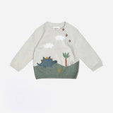 Organic cotton dinosaur appliqué baby sweater in stone color - front view with button shoulder by Viverano Organics
