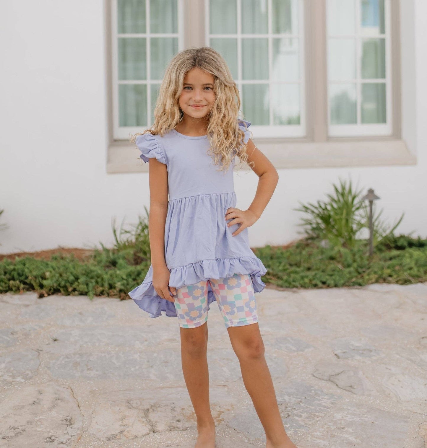 Girls Purple Periwinkle Pastel Spring Check Hi-Lo Short Set by Adorable Sweetness - Back View