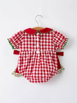 Baby Girls Christmas Outfit – Vibrant Red Plaid Romper with Festive Tree Bow Accents by Rylee Faith Designs - Back View