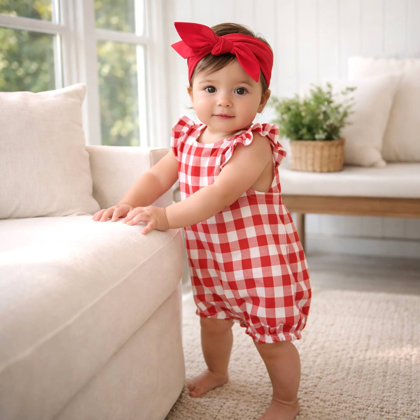 Picnic Plaid bamboo bubble romper for baby girls by Tesa Babe - soft breathable summer one-piece outfit