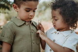 Organic Short Sleeve Button Up Shirt | Olive Green by The Honey and Bro Co - Close-Up