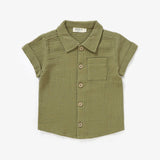 Organic Short Sleeve Button Up Shirt | Olive Green by The Honey and Bro Co - Back View