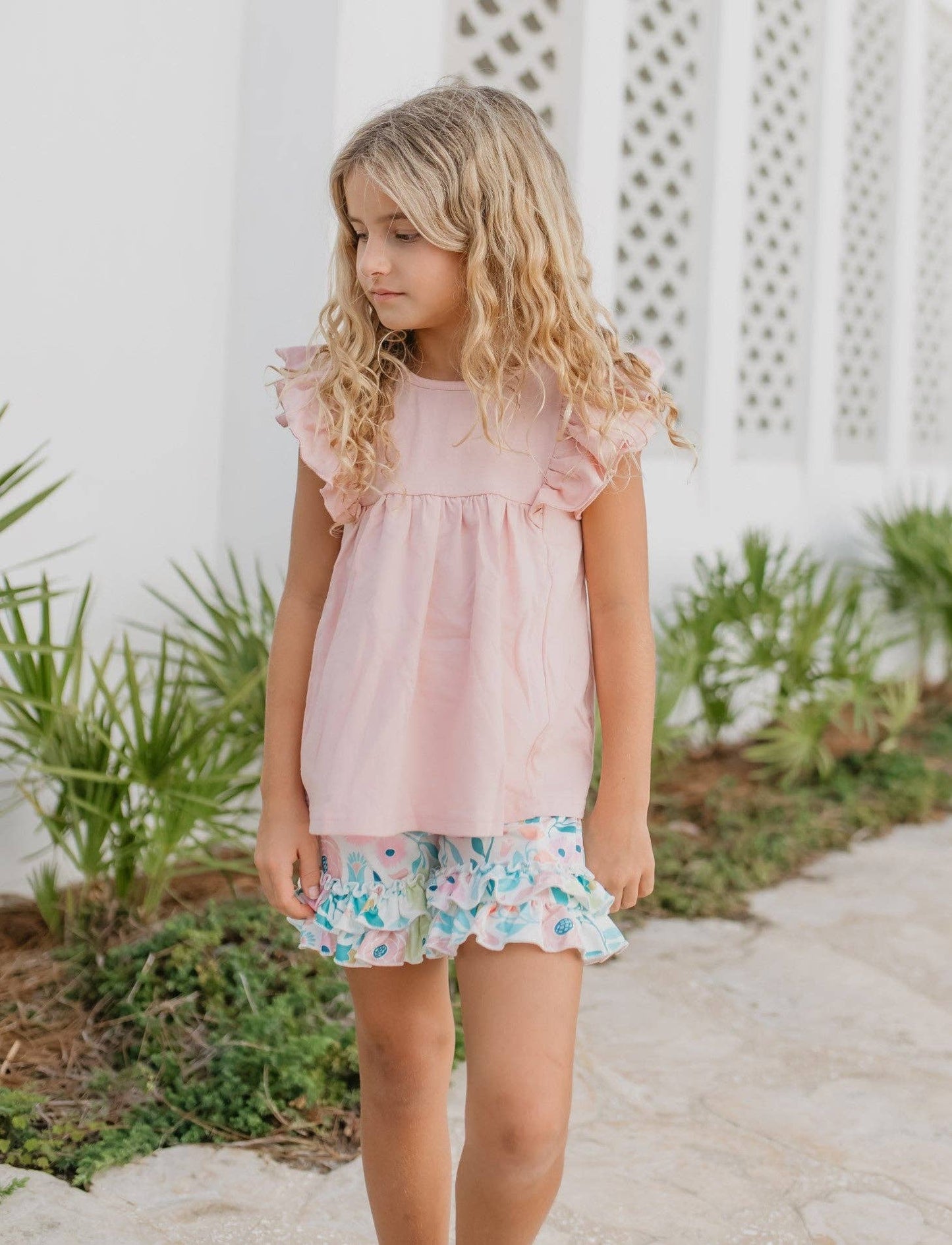 Blush Pink Ruffles Pastel Floral Short Set | Girls by Adorable Sweetness - Front View
