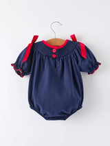 Baby Girl Christmas Romper – Navy Santa Sleigh Holiday Outfit by Rylee Faith Designs - Back View