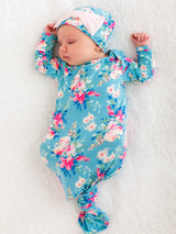 Pink Blossom Bamboo Gown & Bow Beanie Set | Newborn by RuffleButts + RuggedButts - Front View - Newborn Baby Clothing