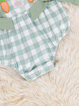 Gingham Carrot Patch Embroidered Bubble Romper by Marie Nicole Clothing - Detail View - Easter Baby Clothing