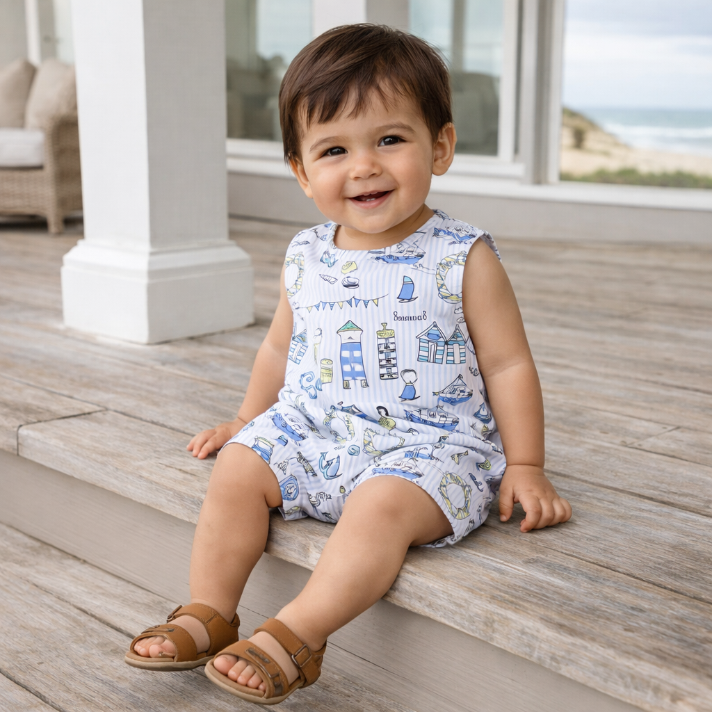 Seashore bamboo shortall romper for babies by Tesa Babe - gender neutral soft breathable summer one-piece