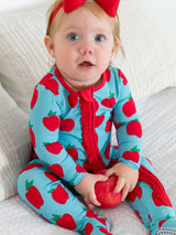 Apple Print Ruffled Baby Sleeper Cotton Modal Blue - Lifestyle Photo Baby Wearing Sleeper