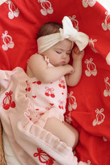 Summer Cherry Heart Bow Frill Romper by The Honey and Bro Co - Back View
