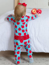 Apple Print Ruffled Baby Sleeper Cotton Modal Blue - Back View Ruffle Trim Details