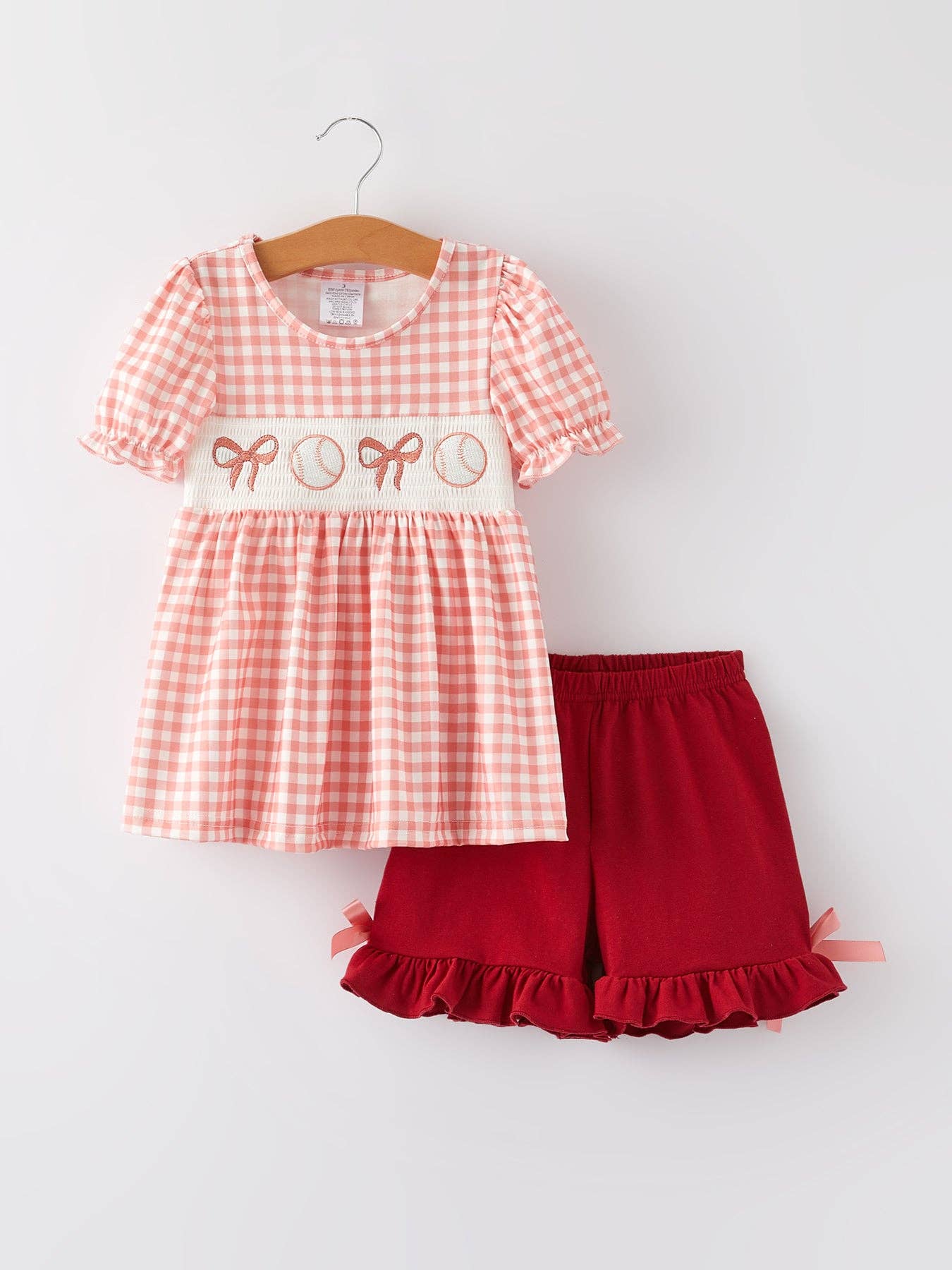 Baseball Smocked Embroidery Plaid Set for Girls by The Honey and Bro Co. - Front view of coordinating top and shorts