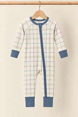 Fireside Windowpane ivory plaid convertible zippy pajamas with slate blue trim on a wooden hanger against a creamy background