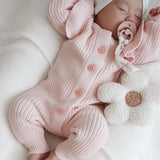 Long Flutter Ribbed Romper | Pink by The Honey and Bro Co. - Front View