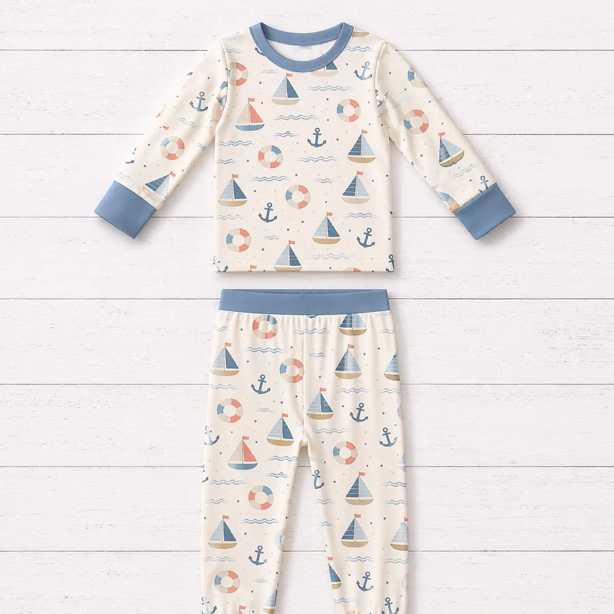 Harbor Dreams Long Sleeve Pajamas by The Honey and Bro Co. - Bamboo pajama set flat lay with dusty blue trim and nautical sailboat print