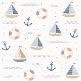 Harbor Dreams bamboo pajama print close-up with sailboats, anchors, life rings, blue waves, and tiny dots