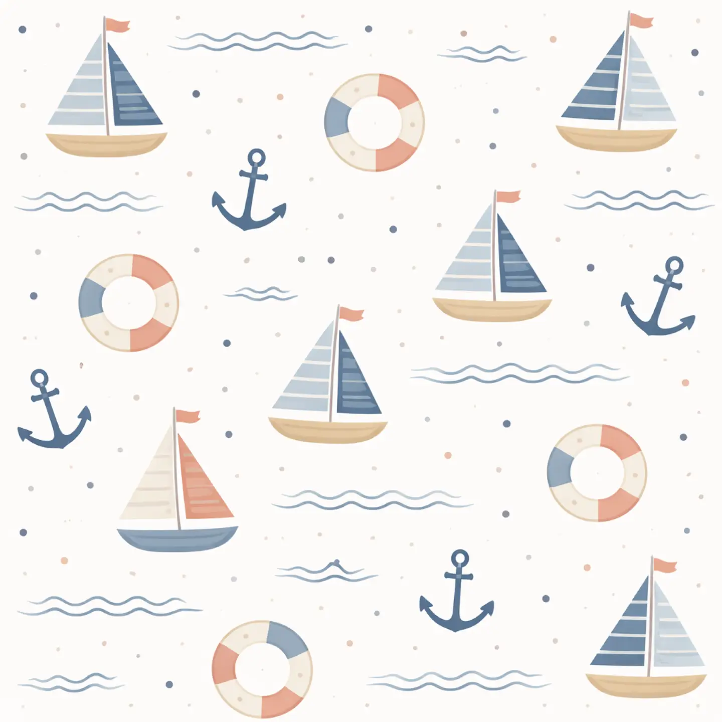 Harbor Dreams bamboo pajama print close-up with sailboats, anchors, life rings, blue waves, and tiny dots