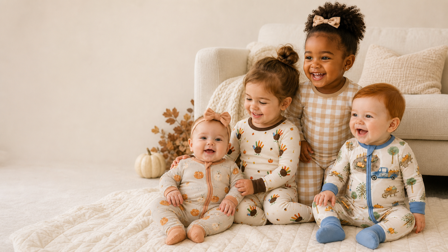 Four children wearing Little Pumpkin, Feathered Friend, Crisp Gingham, and Harvest Haul Fall pajamas