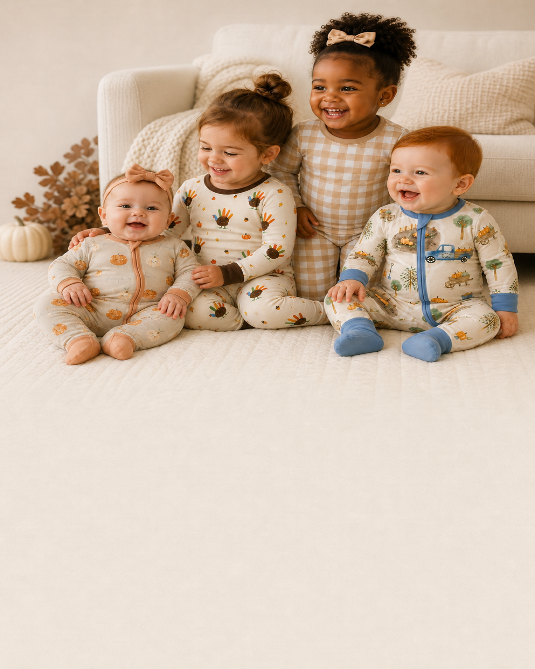Four children wearing Little Pumpkin, Feathered Friend, Crisp Gingham, and Harvest Haul Fall pajamas
