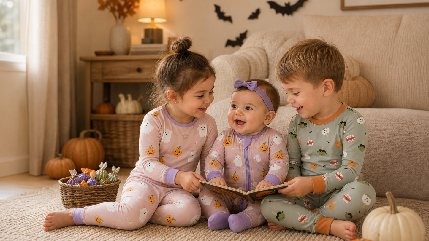 Babies and toddlers wearing Sugar and Spells and Monster Munch Zinza Halloween pajamas in a cozy Halloween scene