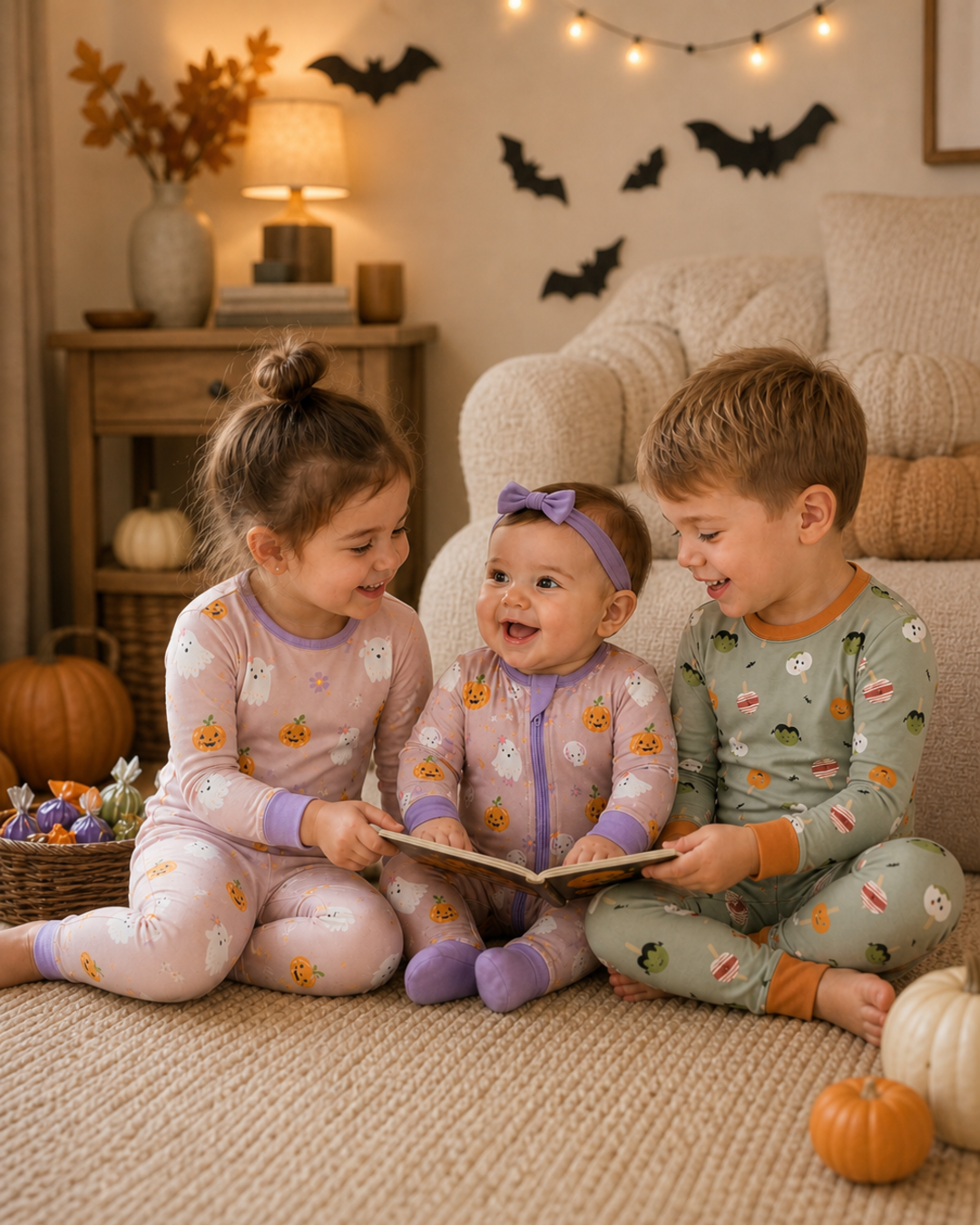 Babies and toddlers wearing Sugar and Spells and Monster Munch Zinza Halloween pajamas in a cozy Halloween scene
