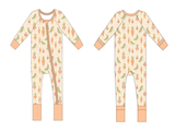 Little Sprouts Zippy bamboo pajama print close-up with carrots peas and radishes