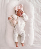 Pointelle Romper Milk White Deluxe Gift Set by The Honey and Bro Co. - Lifestyle View