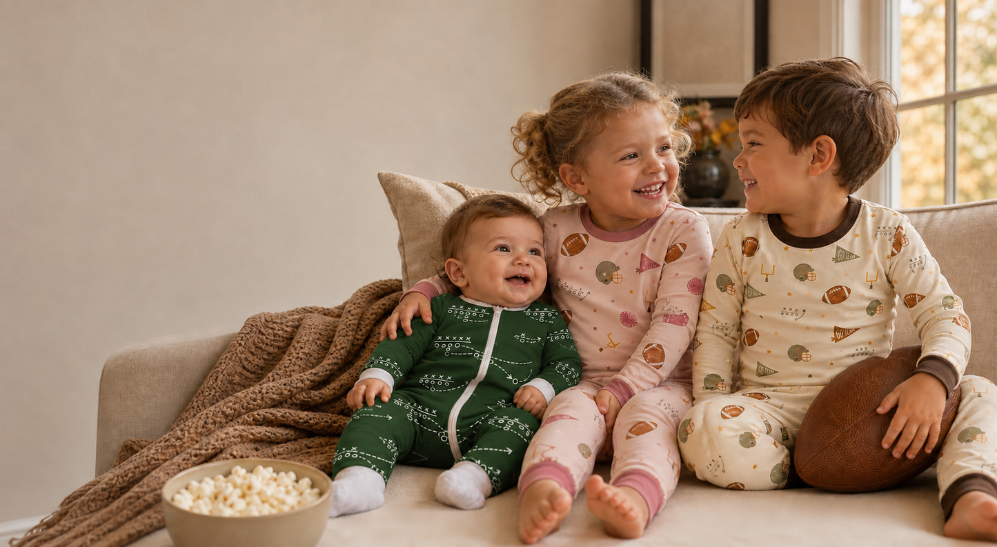 Three children wearing Little Playbook, Pink Pep Rally, and Vintage Football Soluna bamboo pajamas