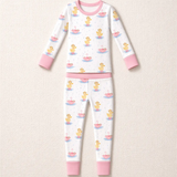 Royal Ducklings Long Sleeve Pajamas by The Honey and Bro Co. - Bamboo pajama set flat lay with pink trim and duckling rain print