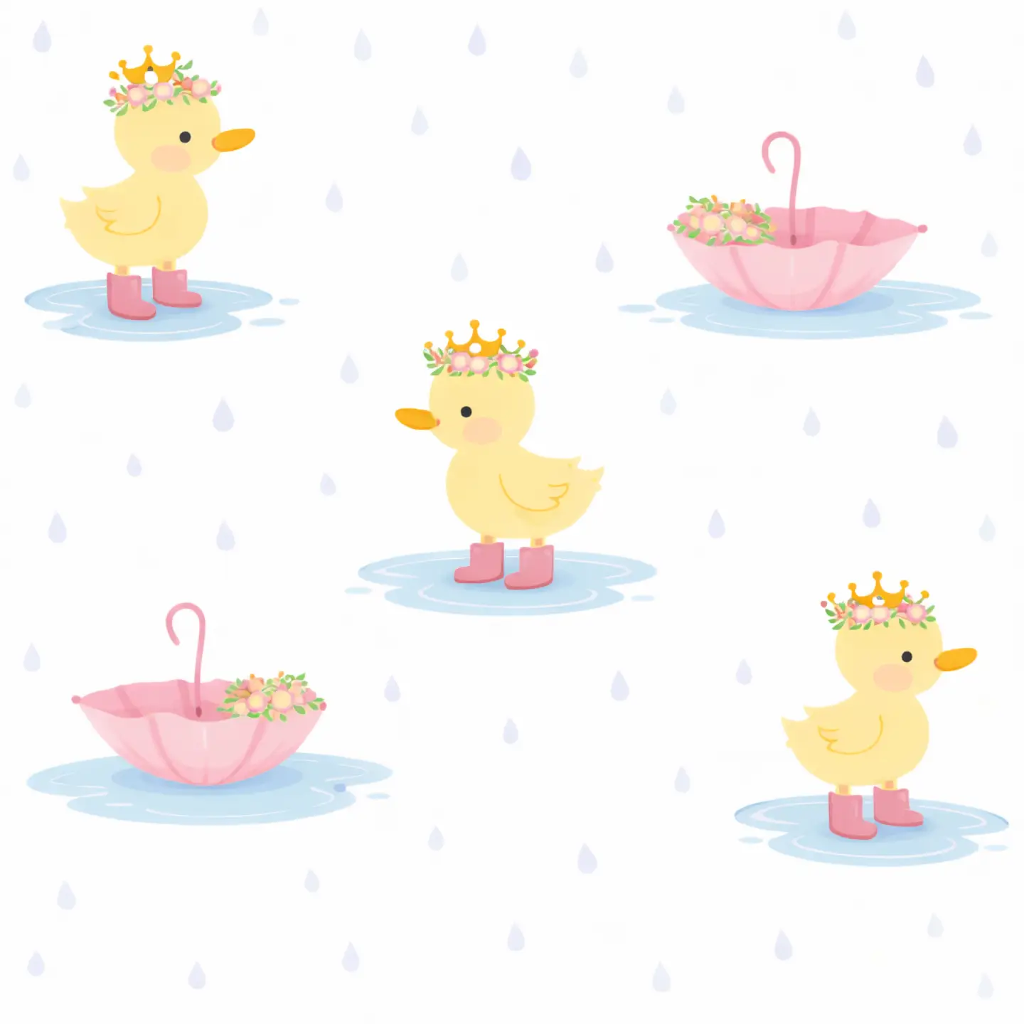 Royal Ducklings bamboo pajama print close-up with crowned ducklings, pink umbrellas, blue puddles, and raindrops