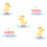 Royal Ducklings bamboo pajama print close-up with crowned ducklings, pink umbrellas, blue puddles, and raindrops
