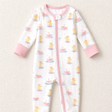 Royal Ducklings Zippy by The Honey and Bro Co. - Bamboo pajama flat lay with pink trim and duckling rain print