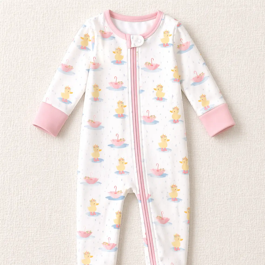 Royal Ducklings Zippy by The Honey and Bro Co. - Bamboo pajama flat lay with pink trim and duckling rain print
