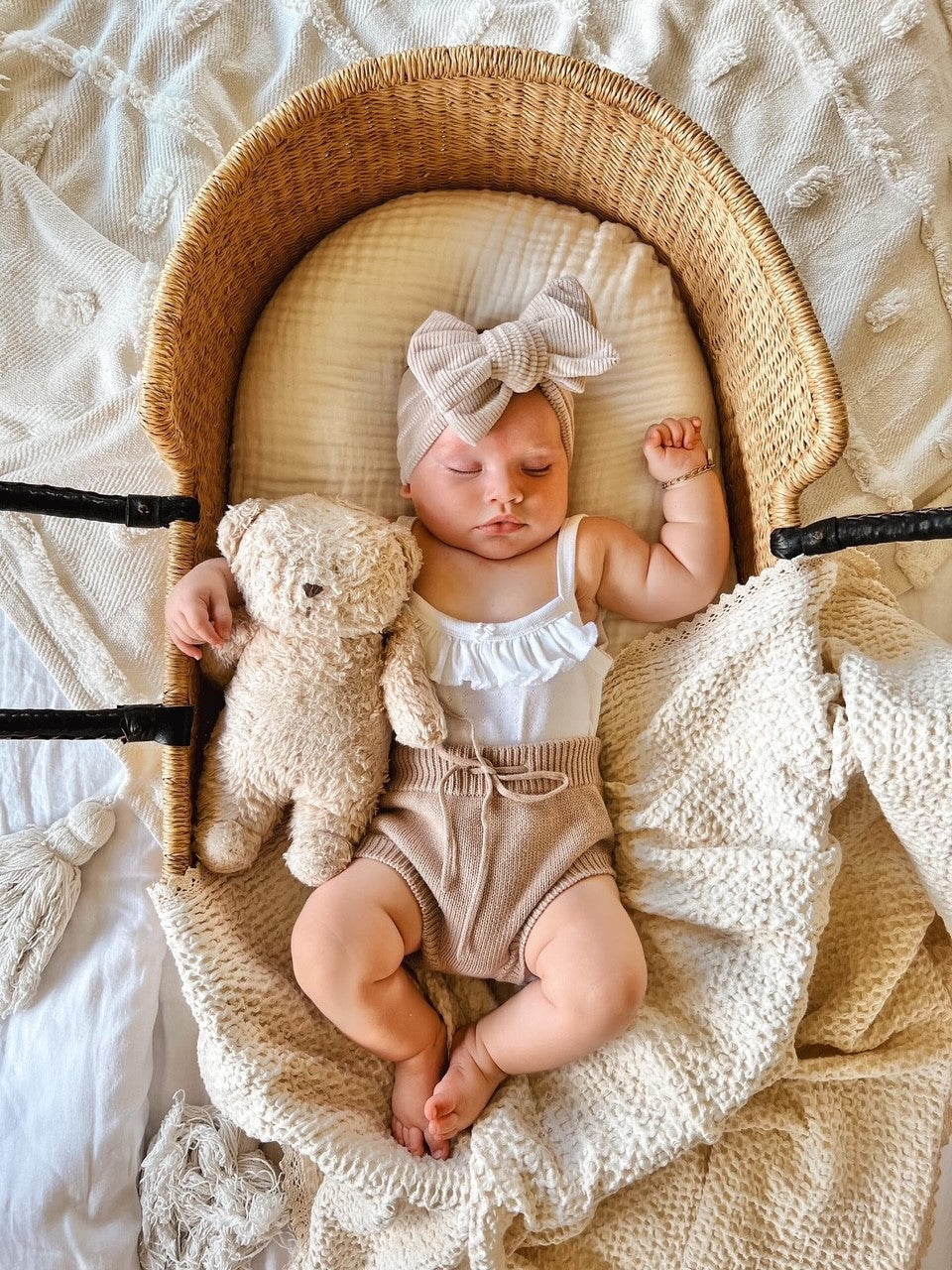 Chunky Velvet Ribbed Bow Headband Taupe on baby - Petite + Co