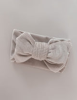 Chunky Velvet Ribbed Bow Headband Taupe close up - Petite + Co