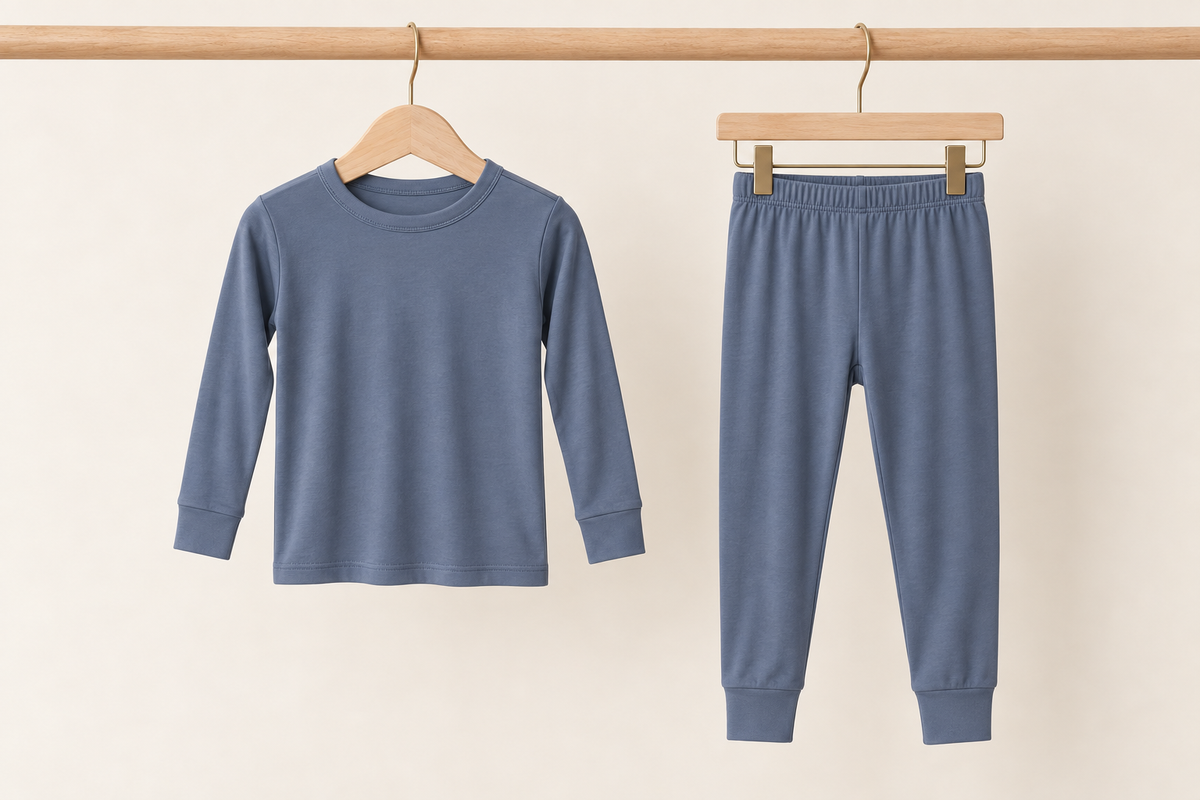 Winter Slate Zinza™ Toddler Two-Piece Pajama Set on a wooden hanger against a warm cream background