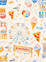 Boardwalk Baby print close-up showing pastel Ferris wheels, seagulls, beach balls, ice cream and boardwalk signs